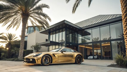 Classic auto drives down a palm-lined street near a beach