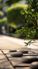 Serene rock garden pathways lined with smooth stones and vibrant foliage in a tranquil outdoor setting during daylight