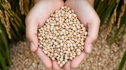 Hands Holding Fresh Seeds with Natural Background in an Agricultural Field Setting