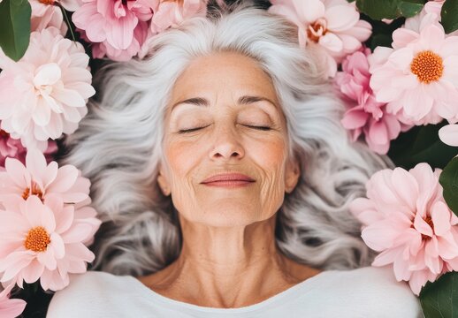 Elderly woman lying among pink flowers with closed eyes, radiating tranquility and inner peace during a serene outdoor moment in a natural setting - Powered by Adobe