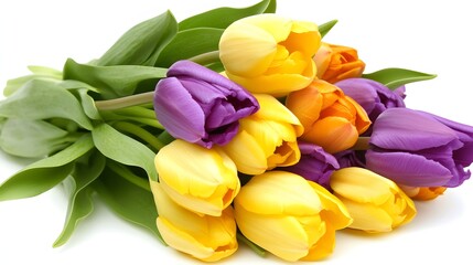 Obraz premium Vibrant Bouquet of Yellow, Purple and Orange Tulips with Green Leaves on White Background