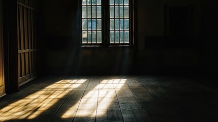 Empty room with dark wooden floor and sunlight from window 