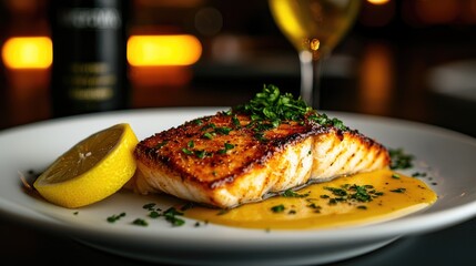 Grilled Salmon Fillet with Lemon and Herb Garnish on Plate