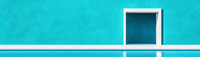 Fototapeta premium A serene turquoise wall with a stylish geometric doorway and water reflection.