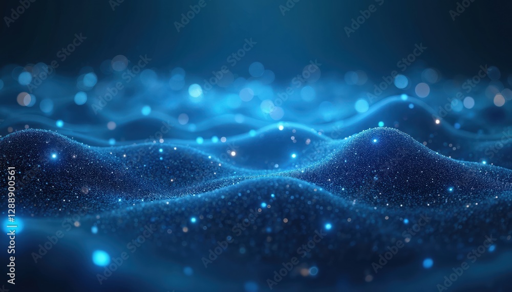 Fototapete Scenic blue digital landscape with floating particles suggests data flow. Network visualisation in blue tones cyber space, modern tech connectivity, datum transfer, information web, futuristic style.