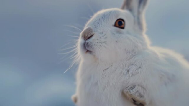 A detailed close-up of a white Arctic hare in a snowy landscape, highlighting its soft fur, long whiskers, and alert expression.