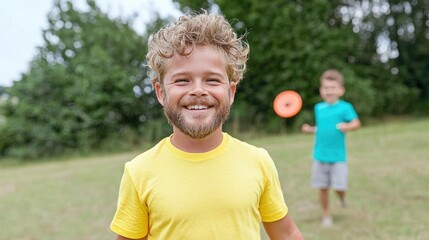 Obraz premium Happy boy playing frisbee in park, friend in background, summer fun