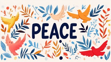 Obraz premium Colorful illustration featuring birds and foliage with a central message of peace displayed prominently, capturing a serene and harmonious atmosphere