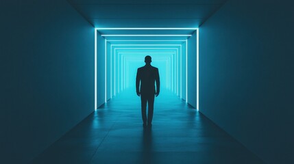 Obraz premium A figure walks through a glowing blue tunnel, creating a sense of mystery and contemplation in a modern, futuristic setting.