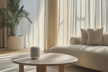 Modern smart speaker on a minimalist coffee table in a stylish living room. Soft neutral tones, elegant decor, and warm lighting add to the cozy ambiance.

