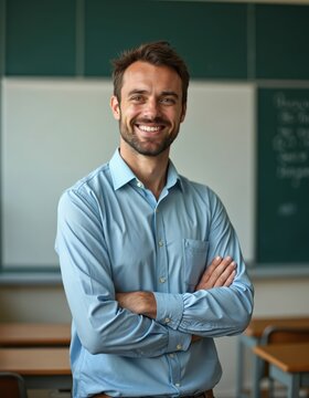 Smiling male teacher stands in classroom with crossed arms. Happy professor in shirt, front view. Education portrait for schools, training courses. Concept of learning, university. Occupation of