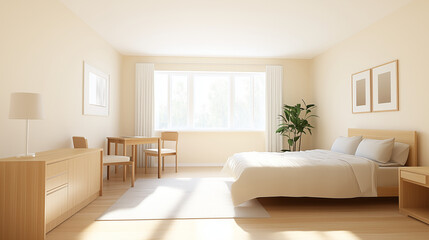 A simple studio apartment with a combined living and sleeping area, featuring minimalist furniture, soft pastel tones, and a cozy atmosphere for modern living.