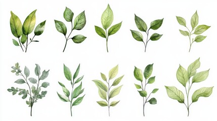 Watercolor Green Leaves Botanical Illustrations Set Elegant Greenery Branches for Design Projects