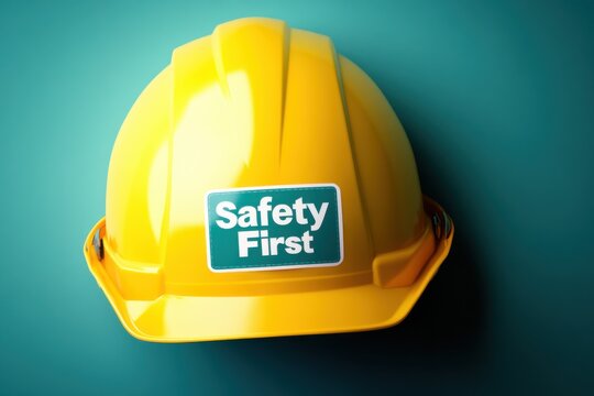 Bright yellow safety helmet with a safety first sticker displayed on a blue background emphasizing workplace safety and precautions