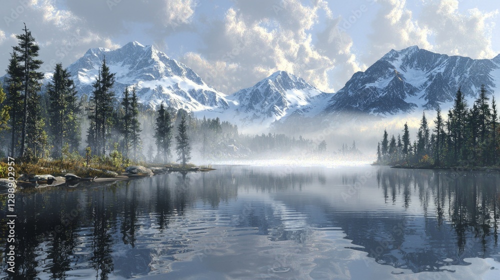 Wall mural Serene Mountain Landscape with Crystal Clear Lake and Majestic Snow-Capped Peaks Surrounded by Lush Green Forests and Misty Atmosphere