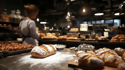 Freshly Baked Pastries and Bread on Display in a Cozy Bakery Interior with Charming Atmosphere