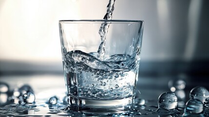 A glass being filled with refreshing water, creating a mesmerizing splash.