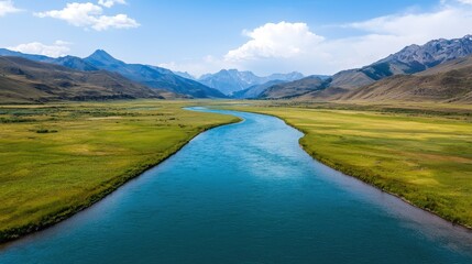 A serene landscape featuring a winding river surrounded by lush green fields and majestic mountains under a clear blue sky.
