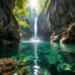 waterfall. mountain lake. cave entrance, sunny day, Generated AI