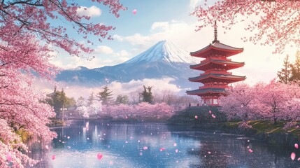 Obraz premium Pink cherry blossoms and Japanese style pagoda