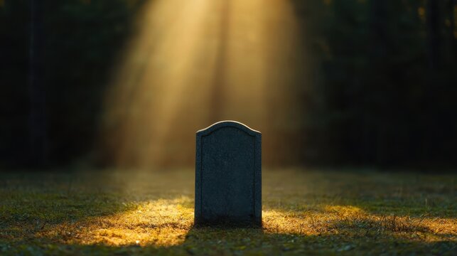 A solitary gravestone illuminated by soft rays of light in a serene, darkened setting, evoking a sense of peace and reflection.