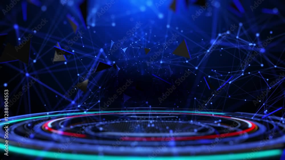 Poster HUD GUI technology futuristic land scape circle spinning holographic platform with low poly plexus tunnel 4K motion concept.