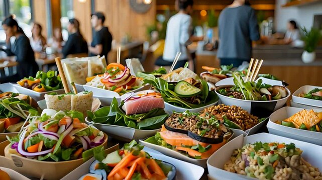 Buffet table with a variety of fresh salads, vegetables, and appetizers at a social gathering

