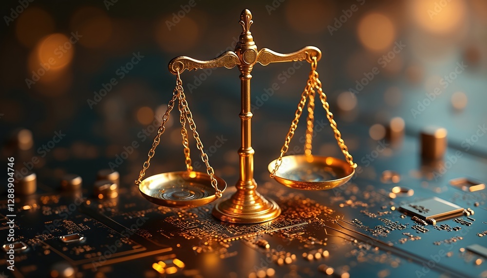 Fototapete Balance scale rests on glowing circuit board, justice in digital tech. Golden scales represent law equality in modern electronics computing. Abstract future technology presents innovation balance.