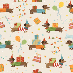 Seamless pattern with Dachshund dogs on birthday party in birthday hats with wrapped presents