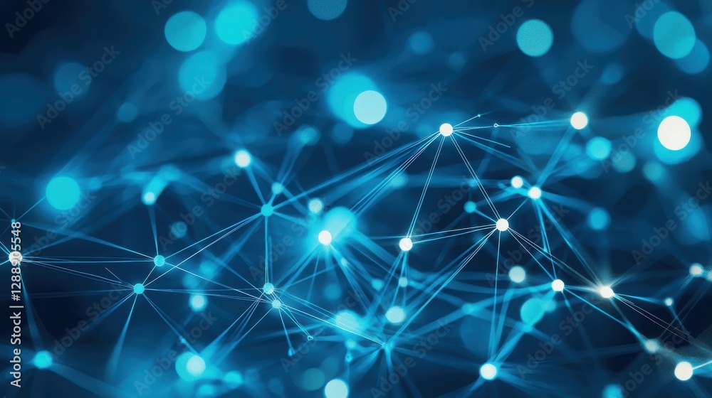 Wall mural abstract blue network background with glowing dots and lines