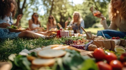 A group of diverse friends enjoying a sustainable beach picnic with reusable plates and eco-friendly food packaging, golden sunset in the background.