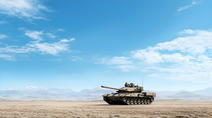 Obraz premium Beige Military Tank on Arid Desert Landscape Under Blue Sky