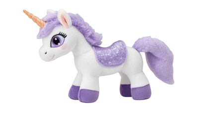 Adorable plush unicorn with purple and black mane, a magical toy for imaginative play