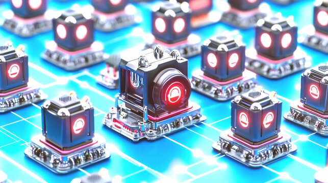 Futuristic Network of Glowing Red and Blue Cubes on a Digital Grid