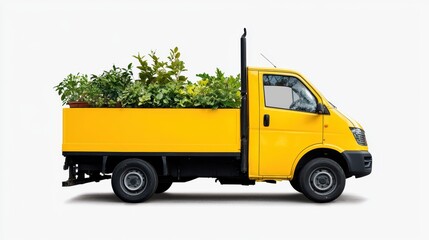 A bright yellow truck filled with lush greenery, showcasing a vibrant delivery of plants or landscaping materials.