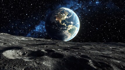 A hyper-realistic view of Earth from the moons surface, stars shining in the infinite cosmic abyss