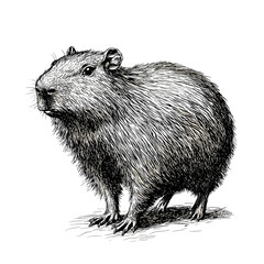 White background, trendy illustration of capybara, vintage art, hand-drawn animal print, black sketch effect, old engraving style.