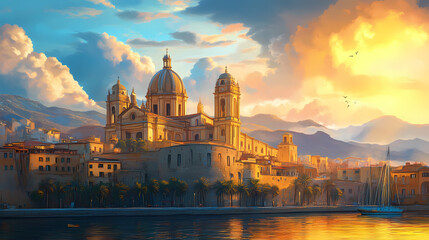 Fototapeta premium Italian arancini golden and crispy, palermo s historic cathedrals glowing under sunset. Time-Warped Cathedral. Illustration