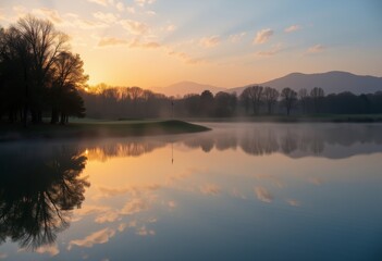 Naklejka premium Sunrise at golf course with mist over water and flagstick on green