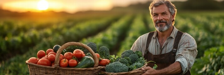 Farmer proudly displays fresh vegetables during sunset in lush field