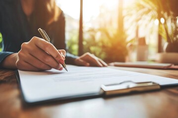 Female hand writing on paper at desk with pen in sunlit office environment