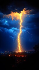 Lightning strikes across a dark night sky over a cityscape