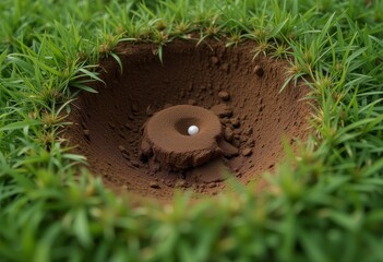  Golf ball in sand trap with green grass surrounding the challenging hazard