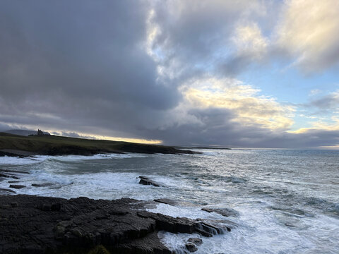 Mullaghmore coastline, view of Classiebawn Castle in the distance with dramatic sky and sea vistas. 