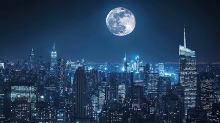 Obraz premium A radiant supermoon over a futuristic cityscape, its light casting mesmerizing geometric shadows