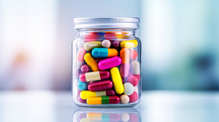 A vibrant jar filled with assorted colorful pills and capsules for health care.