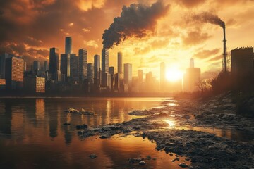 Sunset over polluted city skyline highlighting effects of global warming and industrial activity