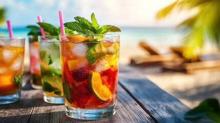 a cocktail at the beach with the ocean in the background,