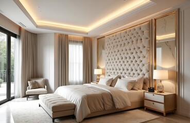 Luxury bedroom features elegant design with tufted headboard, marble accents. Comfortable bedding, soft lighting creates relaxing atmosphere. Modern interior decor, stylish furniture, provide