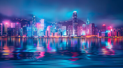 Vibrant futuristic cyberpunk skyline glowing with neon light